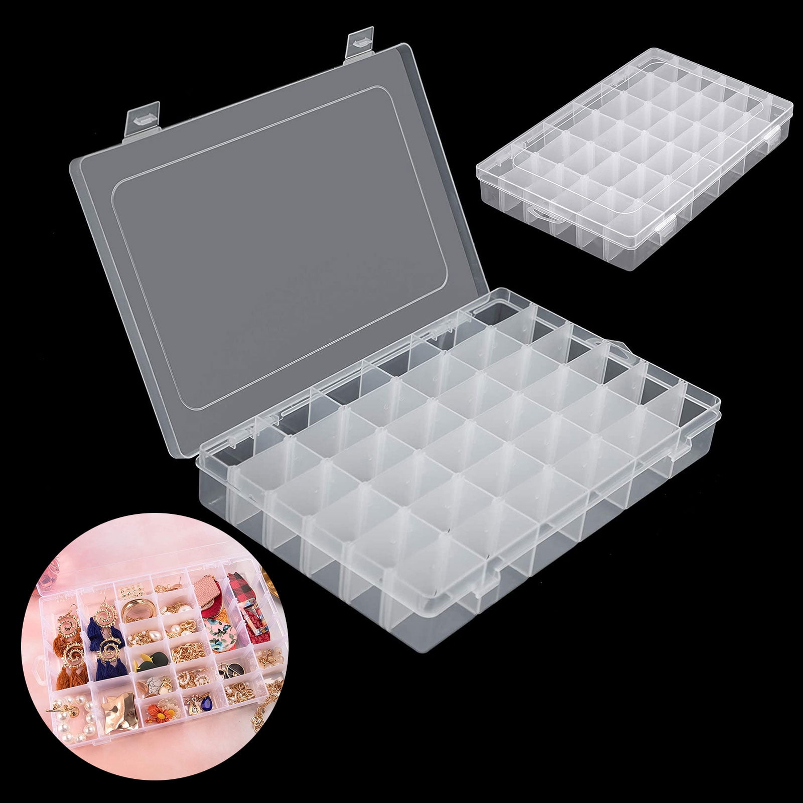 Szsrcywd 36 Grids Clear Plastic Jewelry Box Organizer Storage Container with Adjustable Dividers 
