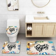 CHAPLLE Good Vibes On Beach Concept Seacoast Shoreline Vacation Holiday Travel Wellness Theme 3 Piece Bathroom Rugs Set Bath Rug Contour Mat and Toilet Lid Cover