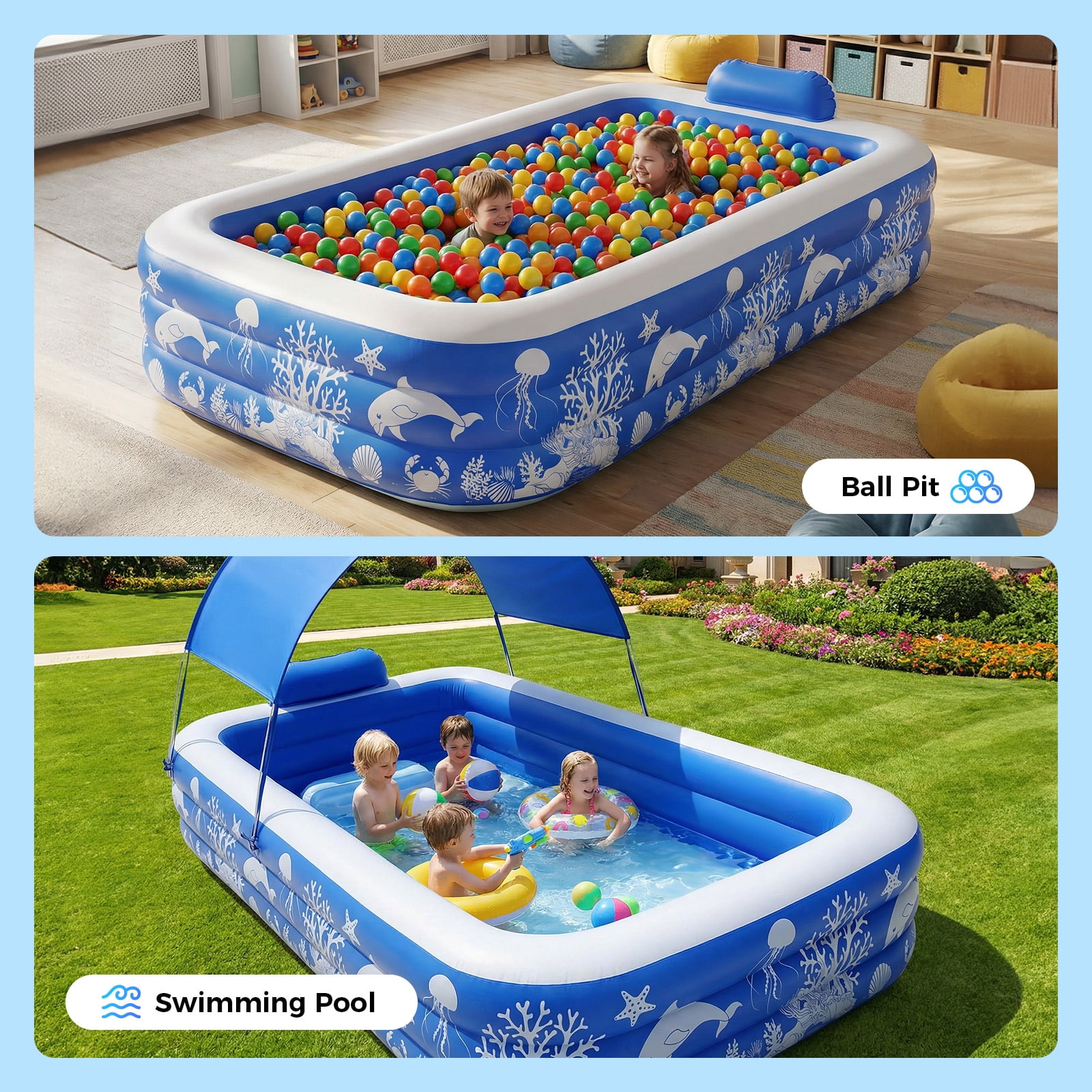 Inflatable Pool with Canopy, Family Size Swimming Pool Thickened Kiddie Pool for Kids Children Family Outdoor, 120'' x 68'' x 57''