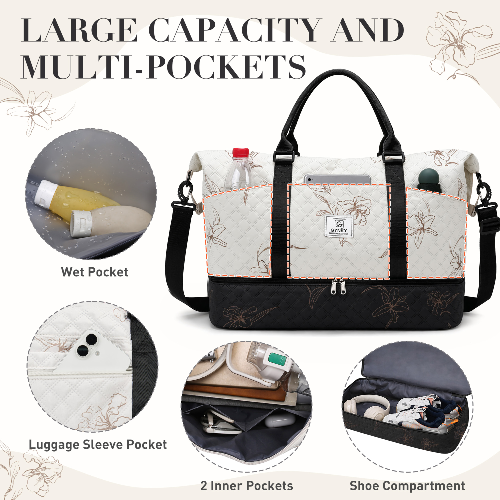Gynky Travel Duffle Bag Women Floral Weekender Bag photo 3