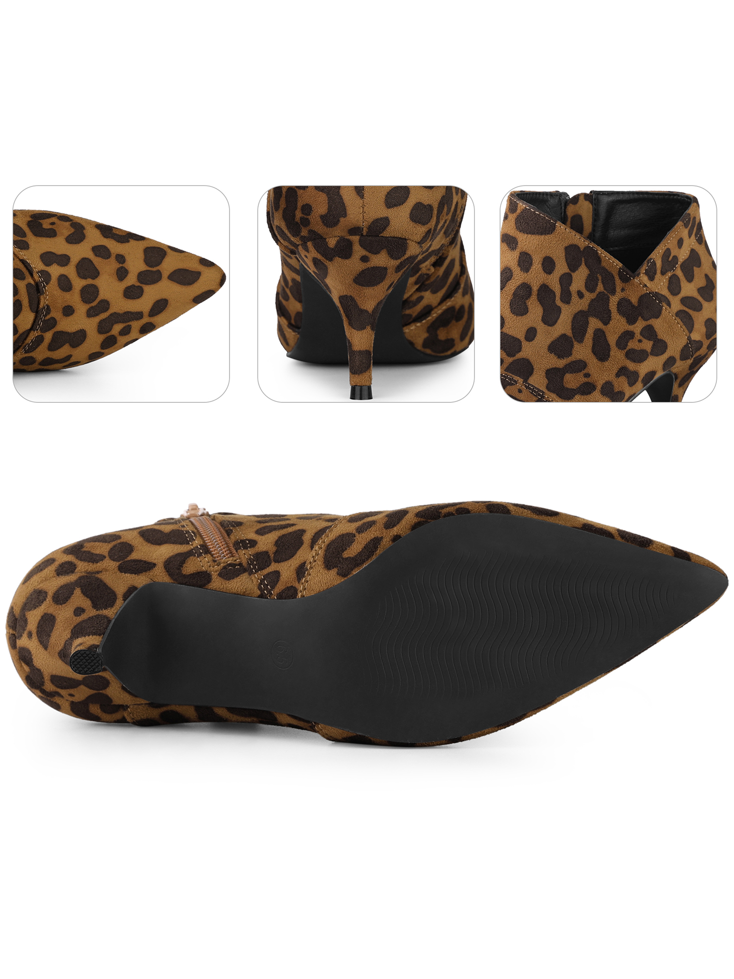 Unique Bargains Pointed Toe Cutout Kitten Heels Ankle Boots for Women Brown Leopard 7.5
