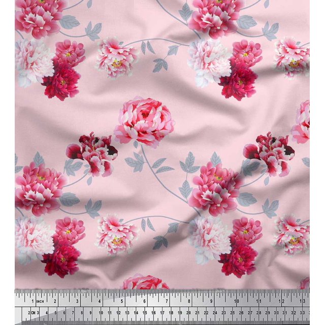 Soimoi Coton Cambric Roses & Feuilles Tissu Imprimé Floral par la Cour 42 Pouces de Large