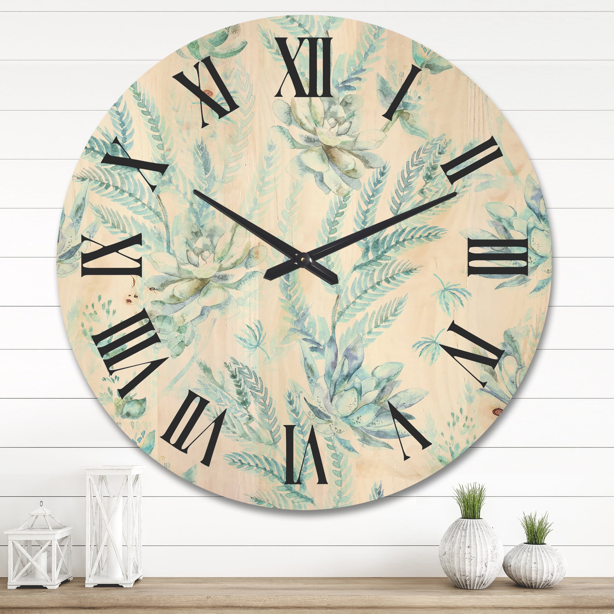 Designart 'Floral Seamless Pattern Succulents and Ferns Thorns' Farmhouse Wood Wall Clock