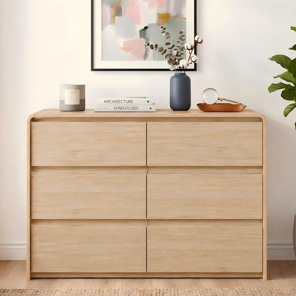 CDCASA Modern 6 Drawer Dresser for Bedroom, 47" Wide Dressers & Chests of Drawers with Curved Edge, Natural Wood Dresser for Bedroom, Living Room, Light Brown