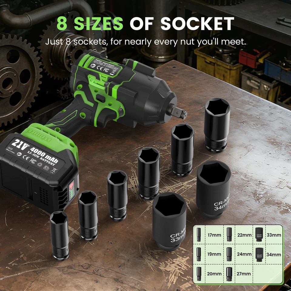 TaskStar 1/2" Brushless Electric Impact Wrench, 1180 ft-lbs (1600Nm) High Torque Power Torque Wrench with 4.0Ah Battery & 8 Sockets