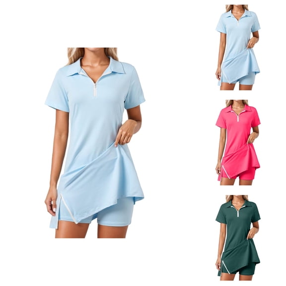 Tennis Dresses for Women with 2 Pockets Built in Shorts Short Sleeve Quarter Zip Lapel Collar Side Slit Golf Dress