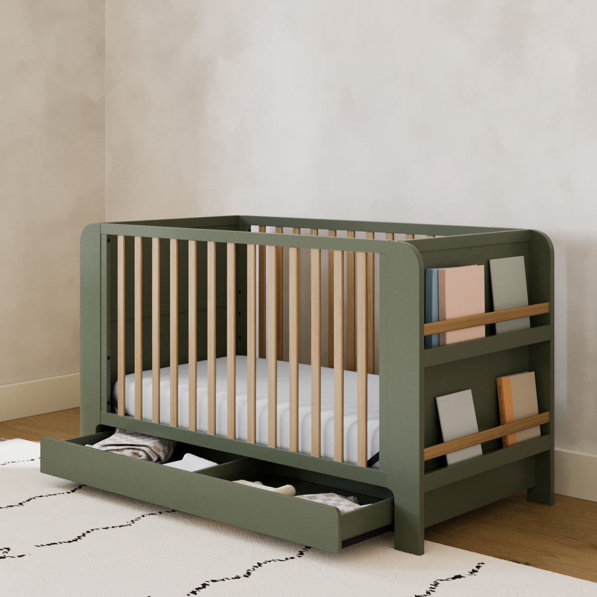 Graco Read-with-Me 4-in-1 Convertible Crib and Premium Crib & Toddler Mattress Bundle, Olive with Driftwood