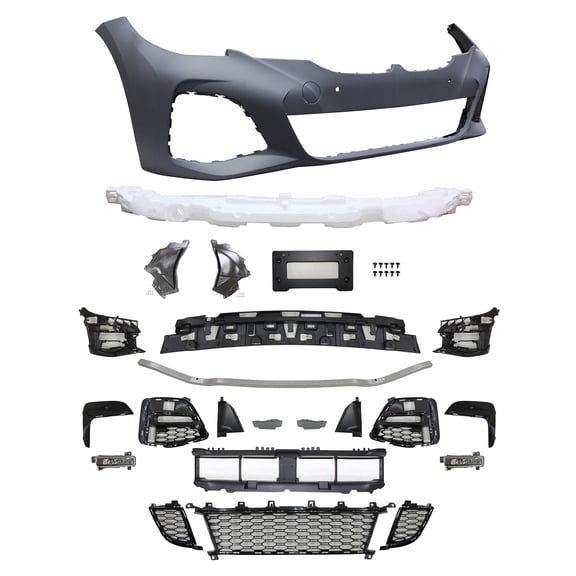 Ikon Motorsports Front Bumper Cover With Fog Light Lamp Sensor Holes No ACC Compatible With 2019-2022 BMW G20 Sedan 4-Door M-Tech Style Unpainted Black Front Bumper Conversion Guard