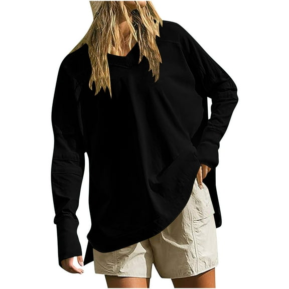 CLOISE Women Sweatshirt Solid Pullover Sweatshirts V Neck Long Sleeve Hoodies Shirts Black With Thumb Holes Blouses Fall Trendy Preppy Outfits XL