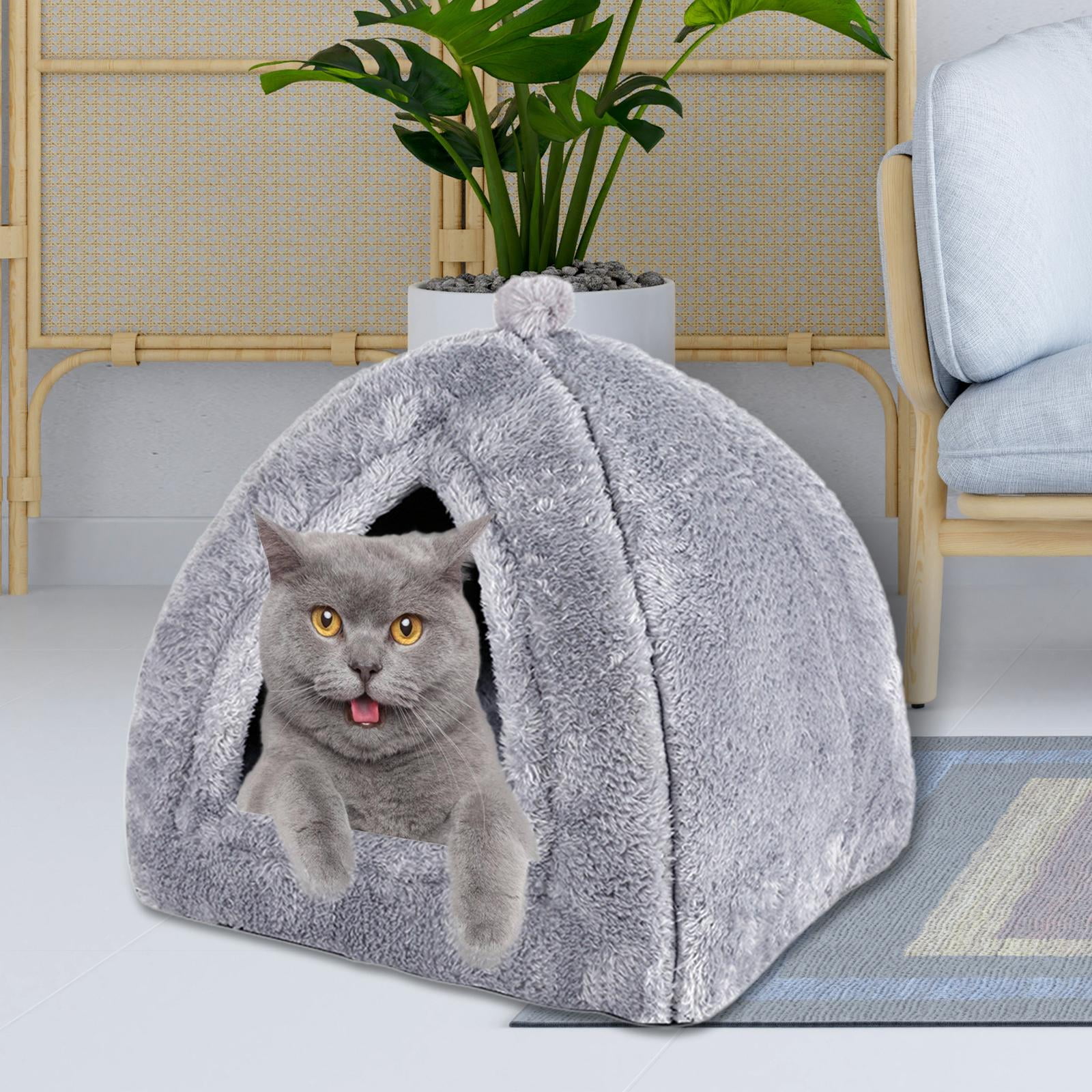 Cat Bed Comfortable Rest Calming Semi Enclosed with Nonslip Waterproof Bottom Kitten House Pet Bed for Indoor Cats Dogs Rabbits Kitten Puppy , Gray M