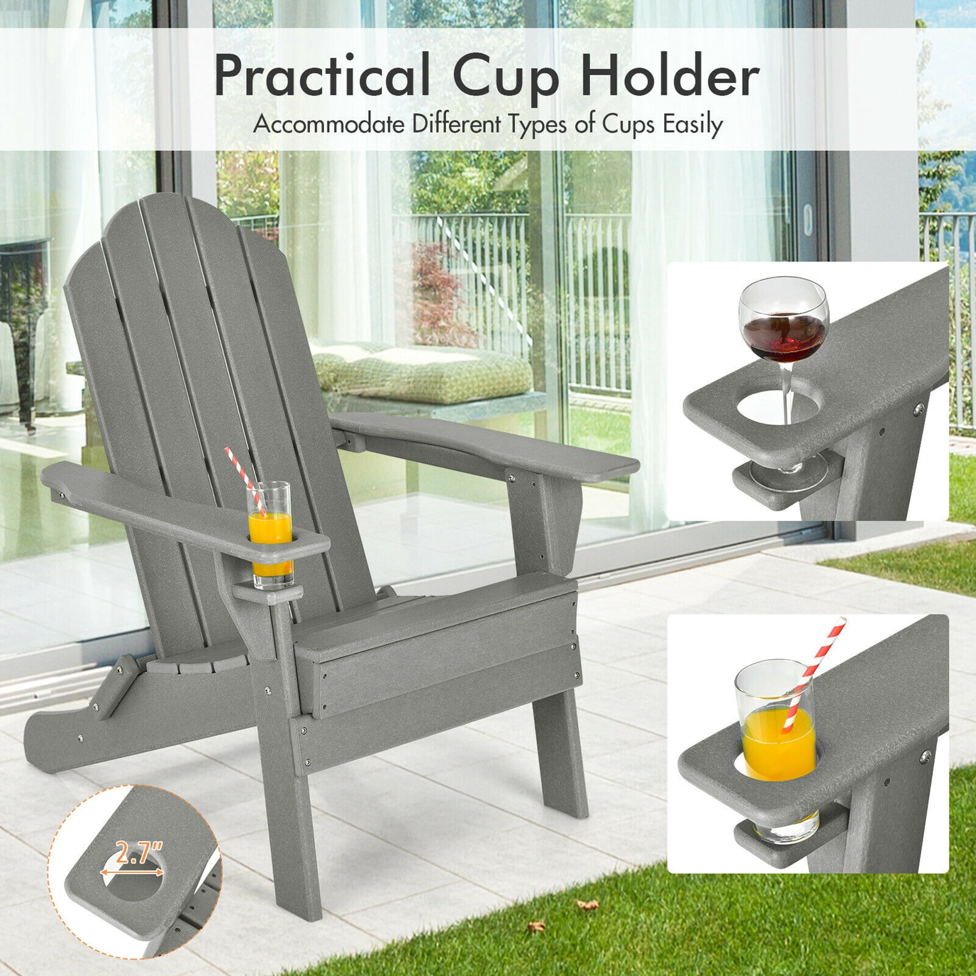 Gymax 2PCS Patio Folding Adirondack Chair Weather Resistant Cup Holder Yard Grey