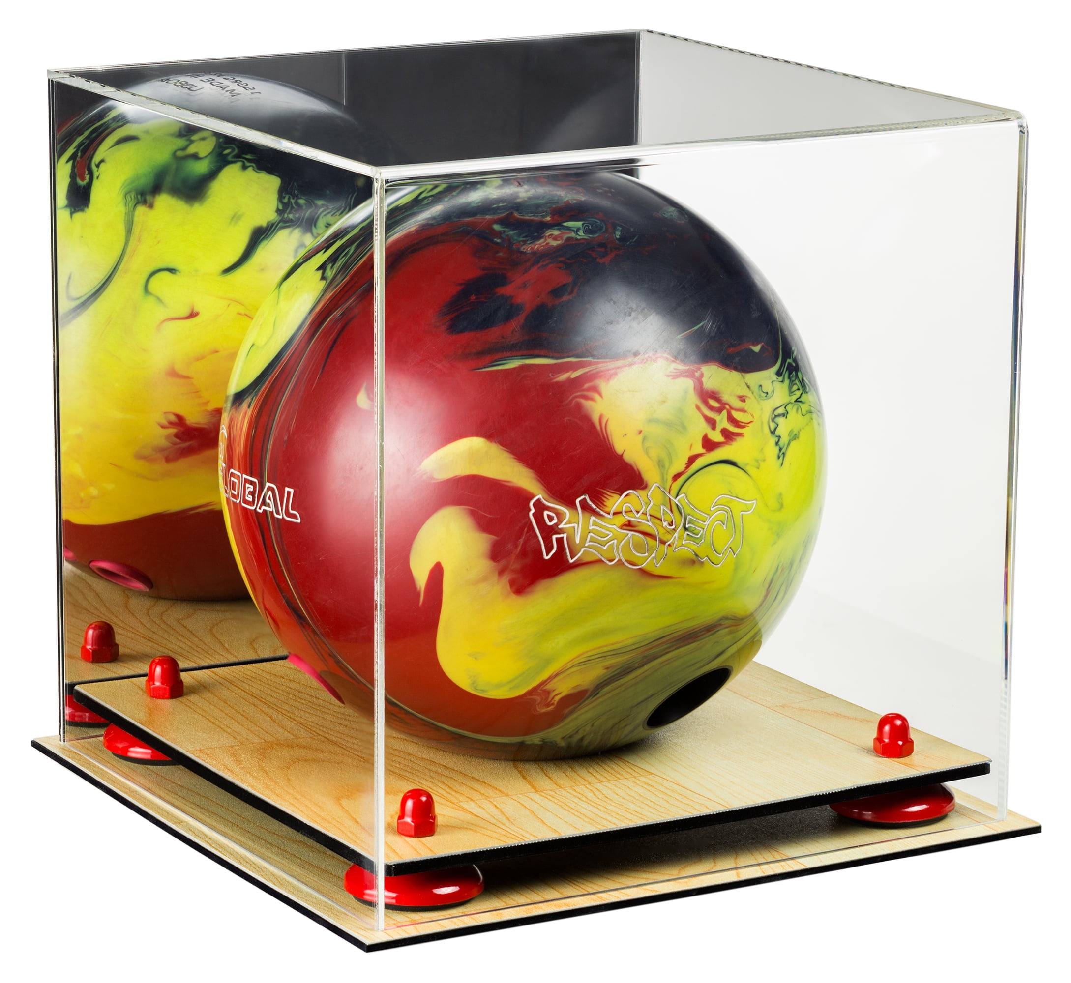 Deluxe Acrylic Bowling Ball Display Case with Mirror, Red Risers and