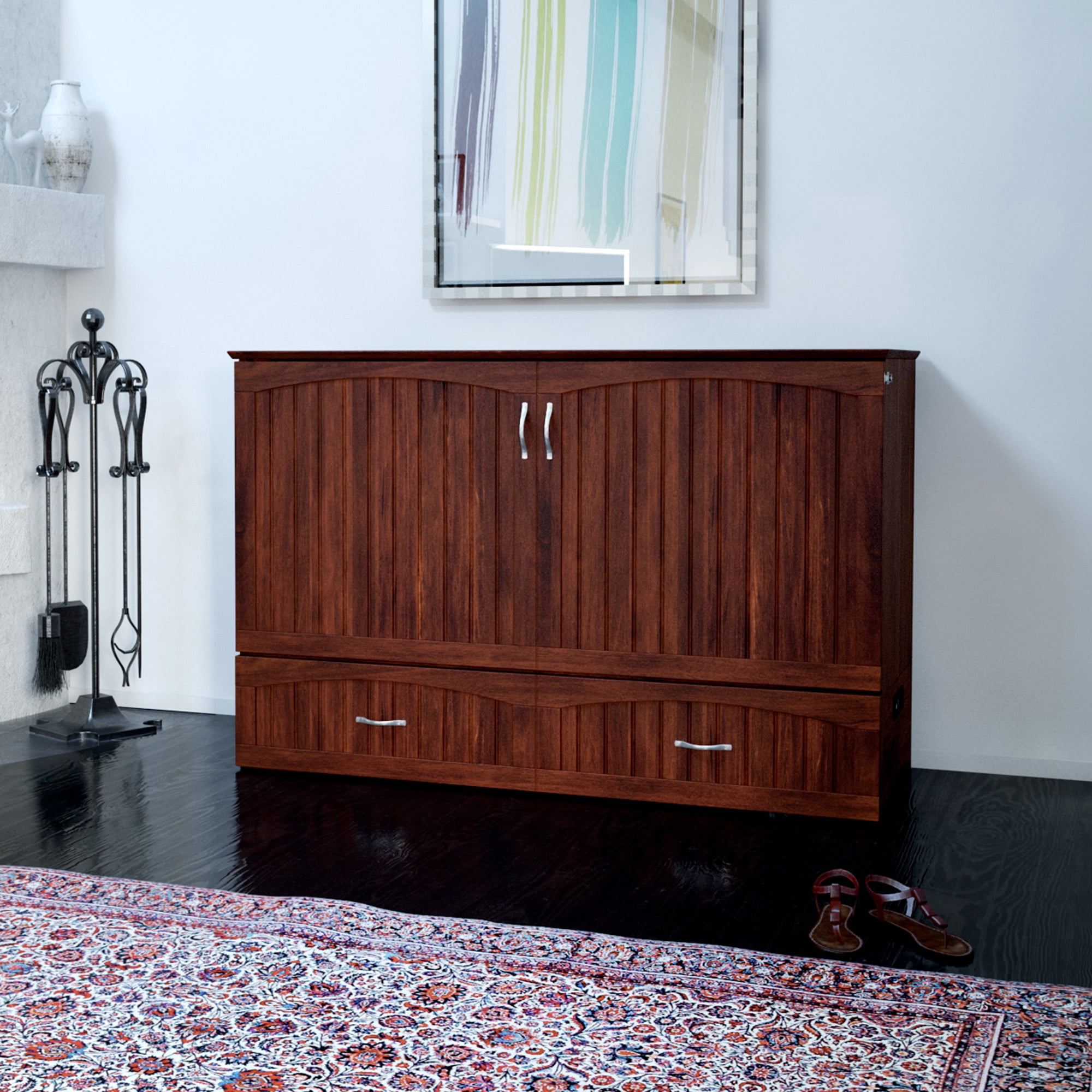 AFI Southampton Queen Wood Murphy Bed Chest with Mattress, Drawer & Charger in Walnut
