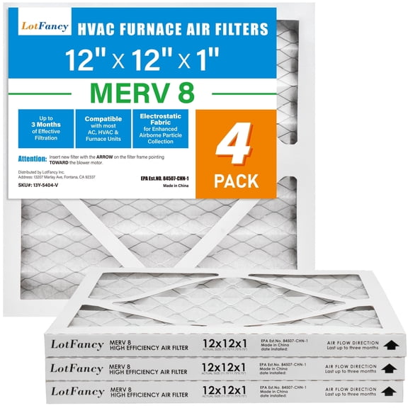 LotFancy 12x12x1 Air Filters, 4 Pack, MERV 8 Pleated HVAC AC Furnace Filters