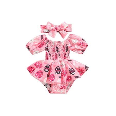 

Genuiskids Newborn Baby Girls Easter Romper 3 6 9 12 18 Months Infant Summer Outfits Short Sleeve Bunny Egg Print Tutu Playsuit + Headband Casual 2Pcs Clothes Sets
