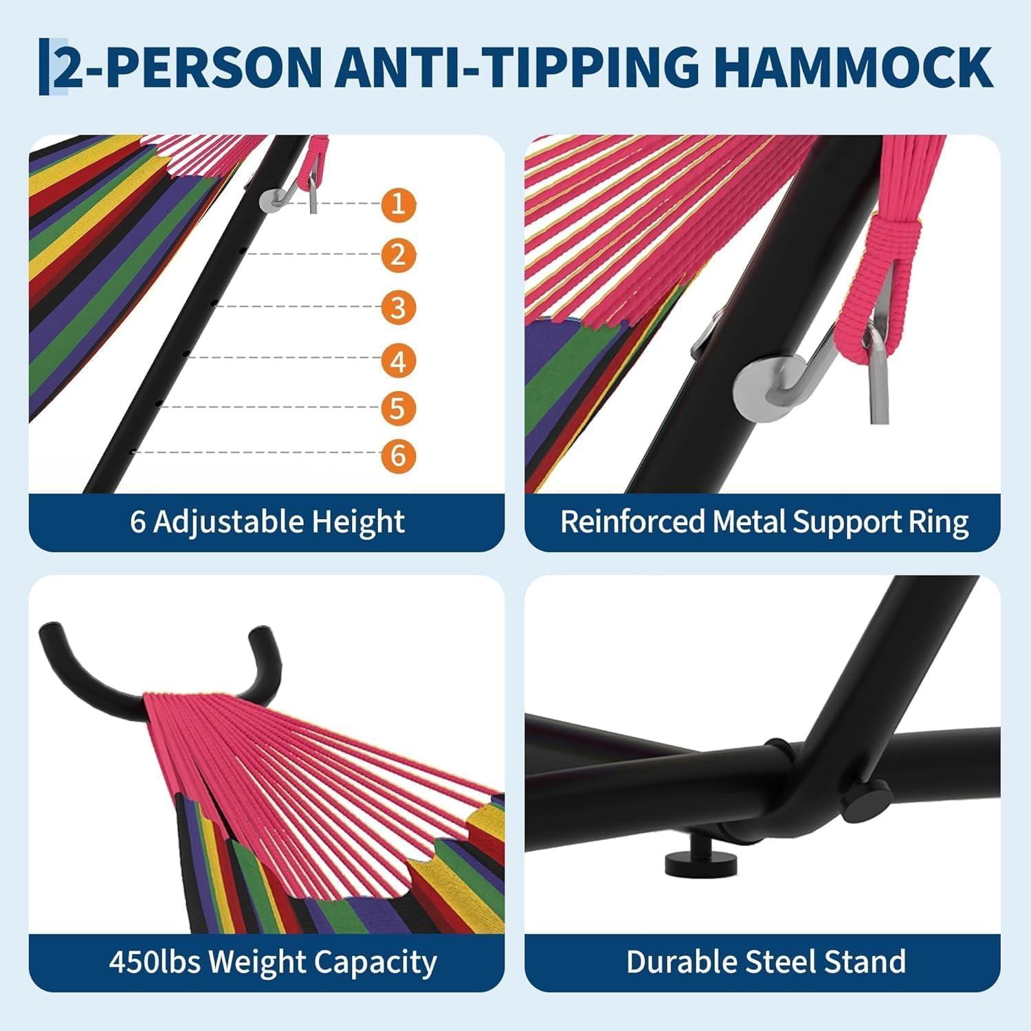Double Hammock, Heavy Duty Portable, 500 lb Weight Capacity, Perfect for Both Indoors and Outdoors, 2 Person Hammock with Carrying Bag