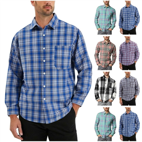 BiZtdJrK Mens Button Down Shirts Plaid Long Sleeve Dress Shirt Business Casual Gingham Tops with Front Pocket, Blue, XXXXL
