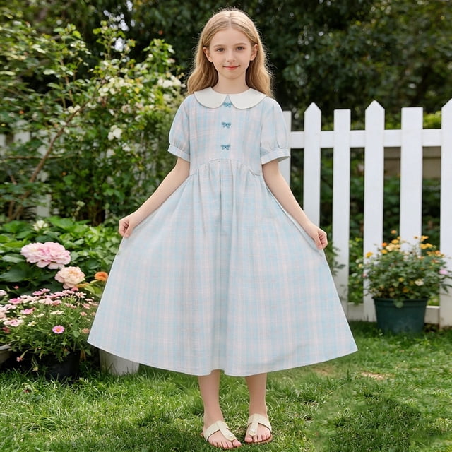 Zpanxa Robes d'Été pour Filles Manches Courtes Couleur Unie Col Rond Ample Décontractée Robe en Coton Bleu 13 Ans