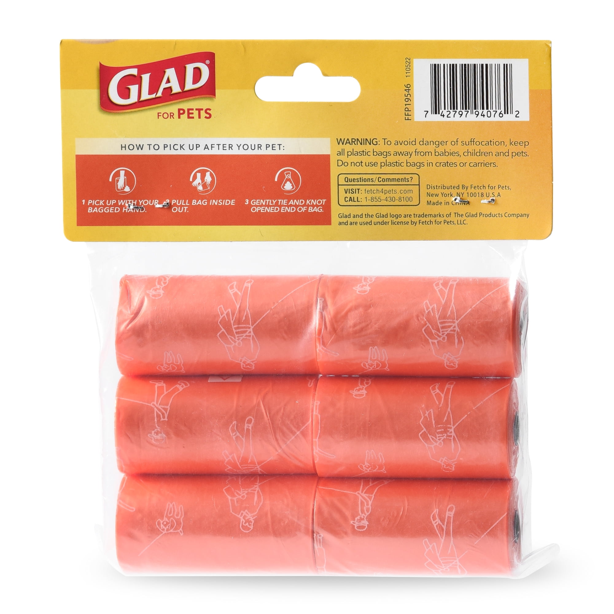 Glad for Pets Large Dog Waste Bags, Scented, Tear-Resistant, 6 Rolls | 90 Bags Total