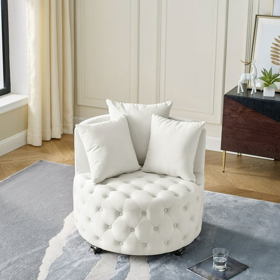 Auranook Modern Velvet Upholstered Swivel Chair with Button Tufted Design, Movable Wheels, 3 Pillows, Beige