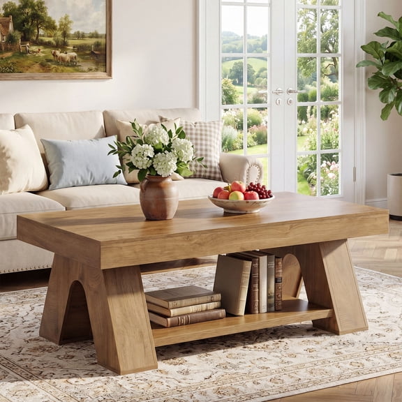 Tribesigns 55.1-Inch Farmhouse Coffee Table With Storage Shelf, Large Rectangle Center Center Table For Living Room