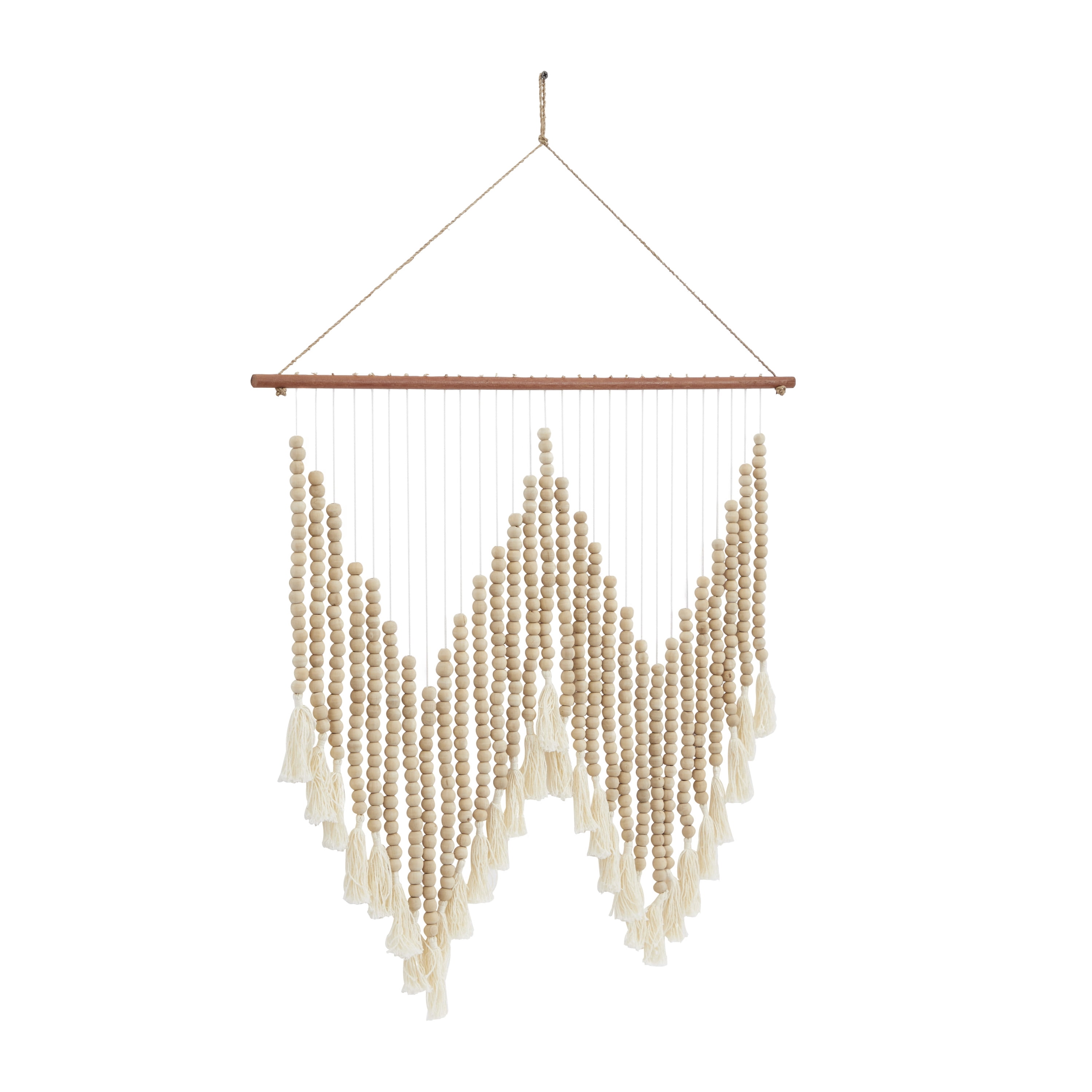 DecMode White Wood Beaded Macrame Wall Decor with Fringe Tassels