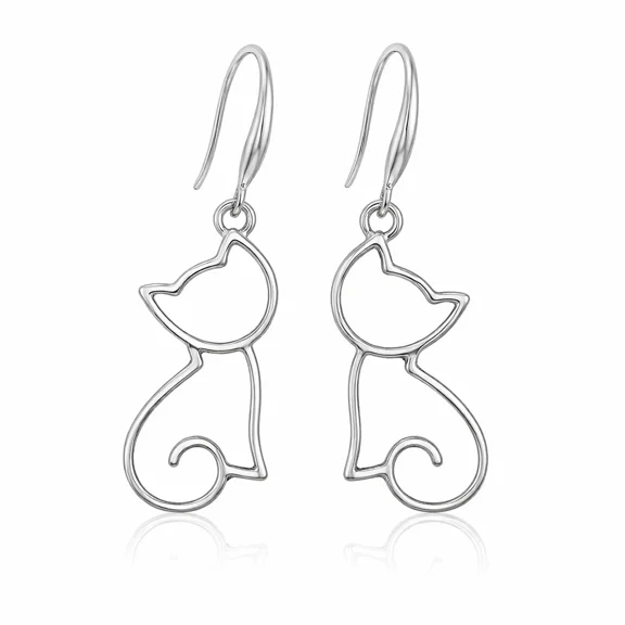925 Sterling Silver Plated Cat Outline Dangle Earrings for Women, Minimalist Open Cat Drop Earrings, Lightweight Hook Earrings