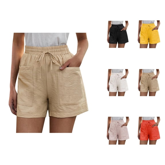 Cotton Linen Shorts for Women Summer Casual Soft Lightweight Elastic High Waist Wide Leg Loose Beach Shorts with Pockets