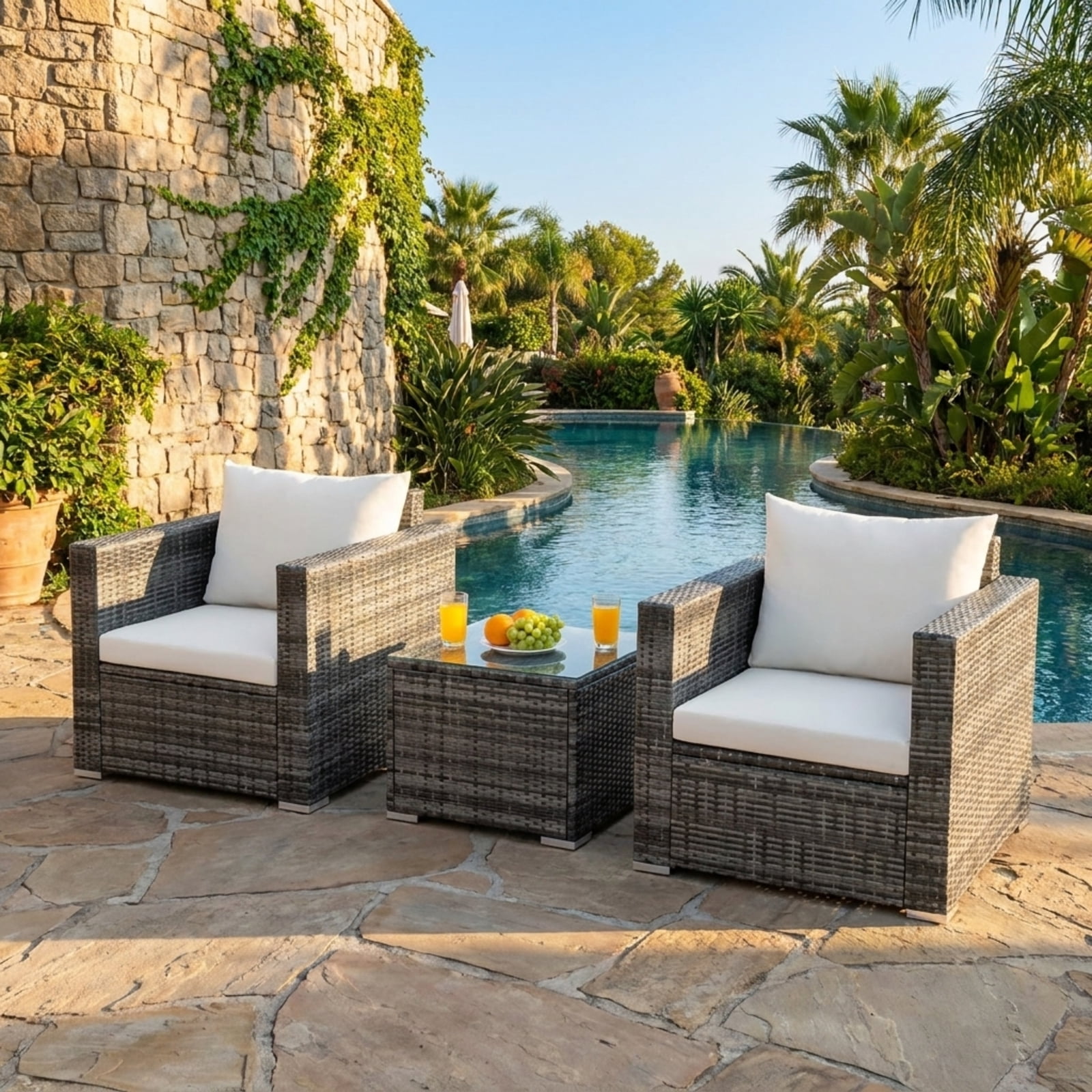Biotree 3 Piece Patio Rattan Bistro Sofa Set outdoor conversation set with cushions and tempered glass coffee table for balcony garden and porch, White