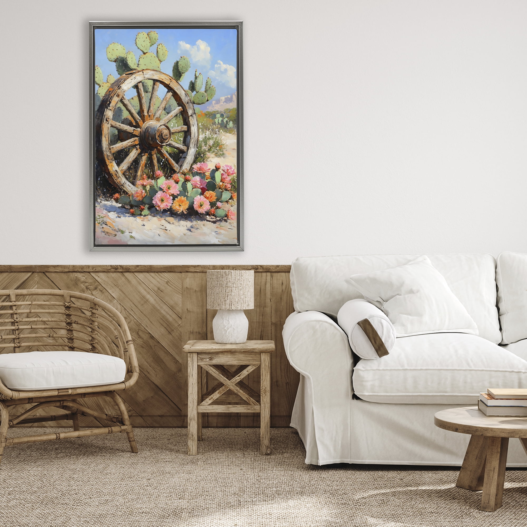 Stupell Industries Wagon Wheel Among Cactus Gray Framed Floater Canvas Wall Art, design by Franklyn Gregory