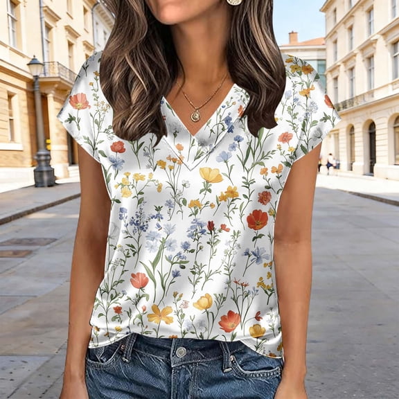 Mifsaly Vacation Tops for Women Floral Print V-Neck Short Sleeve Blouses Comfortable Relaxed Office Work Shirts Weekend Going Out Summer Outfits M