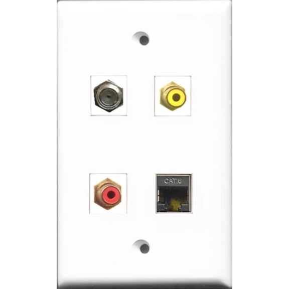RiteAV 1 Port RCA Red and 1 Port RCA Yellow and 1 Port Coax Cable TV- F-Type and 1 Port Shielded Cat6 Ethernet Wall Plate