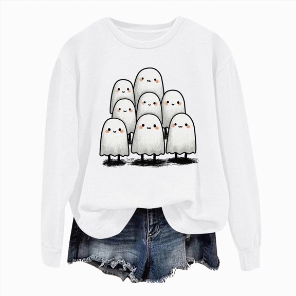 Godom Halloween Womens Sweatshirts Ghost Graphic Long Sleeve Tops Loose Fit Fall Cute Thick Shirts Winter Outfits Trendy Clothes