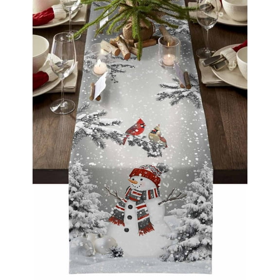 Grey Snowman Christmas Dresser Scarf Farmhouse, Dining Table Decorations for Wedding/Parties, Snowflake Xmas Tree Birds Winter Table Runner 90 Inches Long for Kitchen Dining, 13 x 90 In