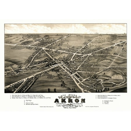 Antique Map of Akron Ohio 1882 Summit County Canvas Art -  (24 x