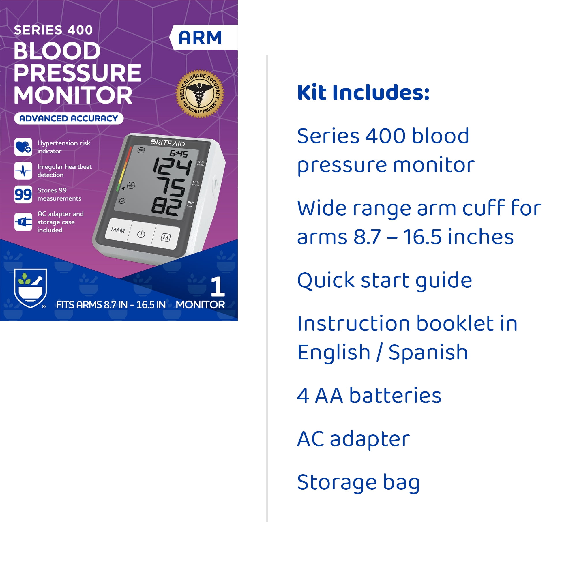 Rite Aid Series 400 Upper Arm Blood Pressure Monitor, Stores 99 Measurements