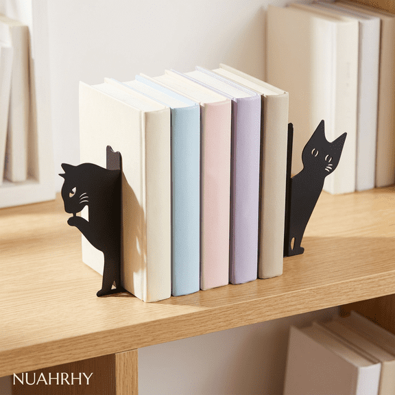 Metal Bookends for Shelves, Peeping Cat Decorative Ends for Heavy Books, Sturdy Iron Stoppers with Nonslip Pads, Black Cat Holder for Home Office Desk, 1 Pair
