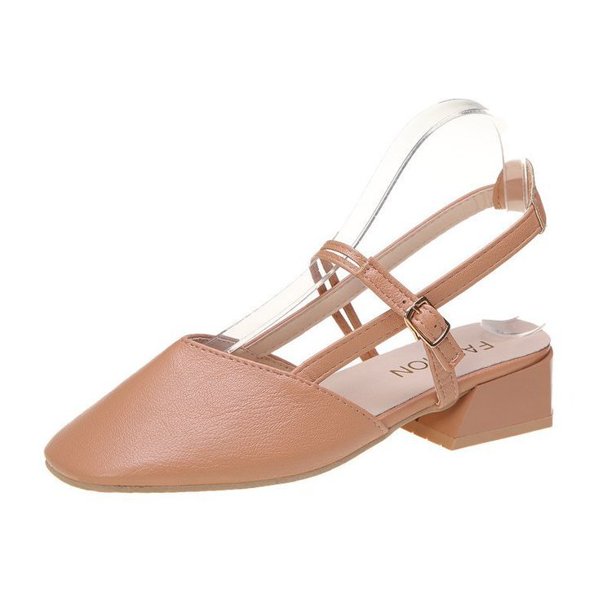 Sandalias de tacón medio para mujer, con punta cuadrada y hebilla, tacón grueso, sandalias coreanas para mujer, zapatos huecos para mujer