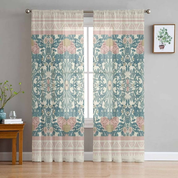 Boho Flowers Sheer Curtains 63 Inches Length 2 Panels Set, Window Sheer Curtains for Living Room/Bedroom, Retro Geometric Floral Plant Watercolor Light Filtering Rod Pocket Curtain 52'' x 63'' x 2