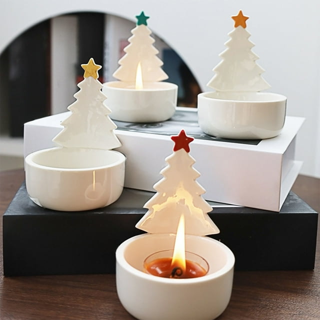 Portavelas de cerámica con forma de árbol de Navidad, 10,2 x 7,2 cm, ideal para aromaterapia y decoración del hogar (1 unidad, color dorado) Rkxzt
