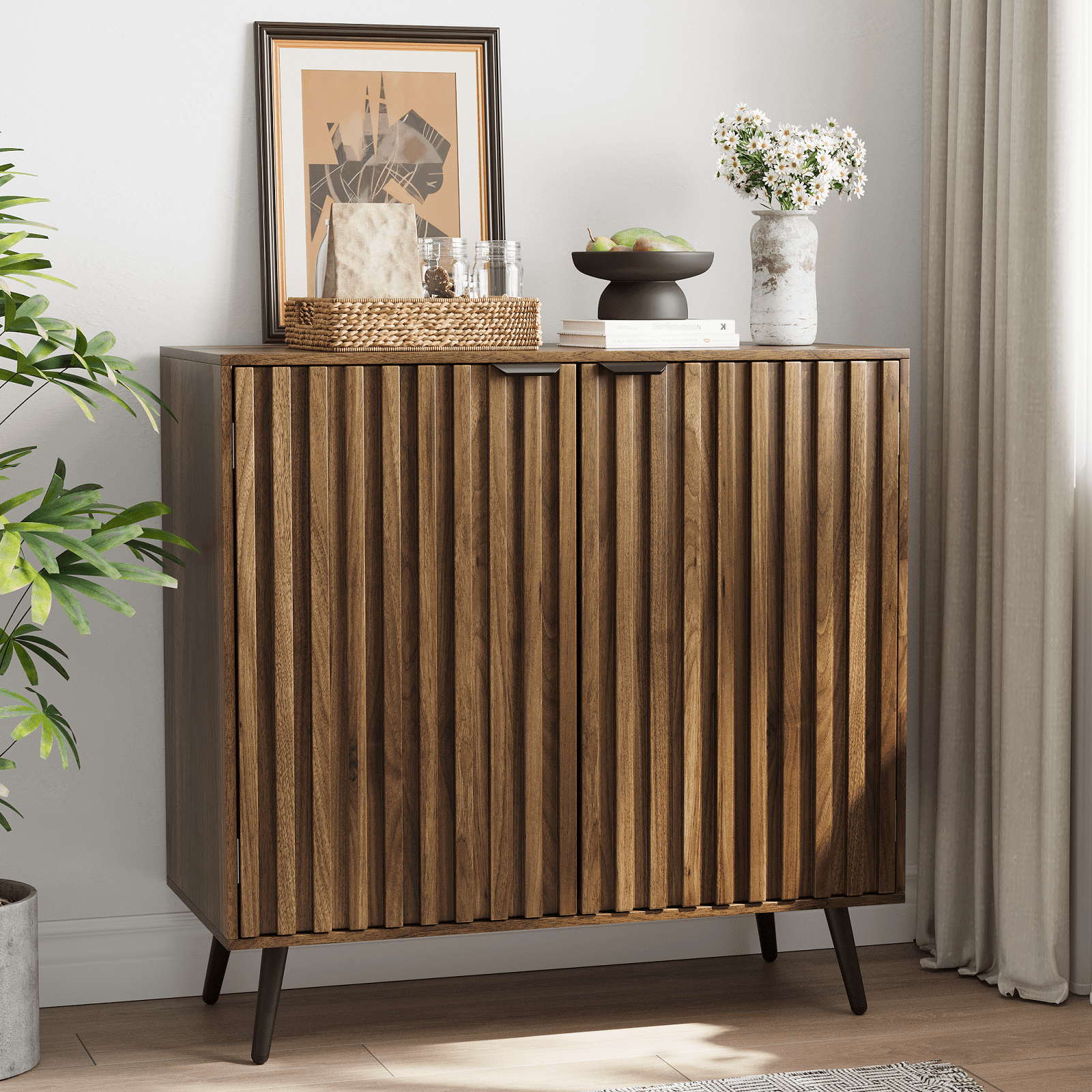 Algherohein Modern Sideboard and Buffets with 1 Storage Shelf,Entryway Fluted Cabinet with Doors,2 Pack