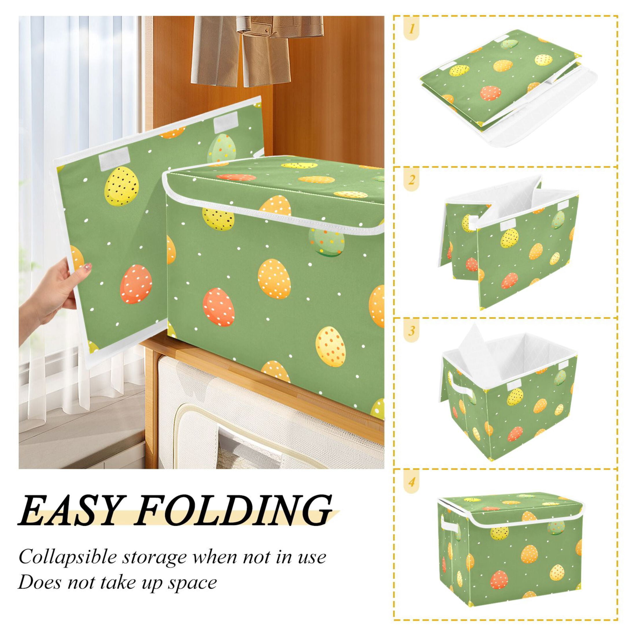 Ryvnso Eggs Easter Polka Dots Large Lidded Foldable Storage Baskets Cubes Boxes Lids Bin for Home