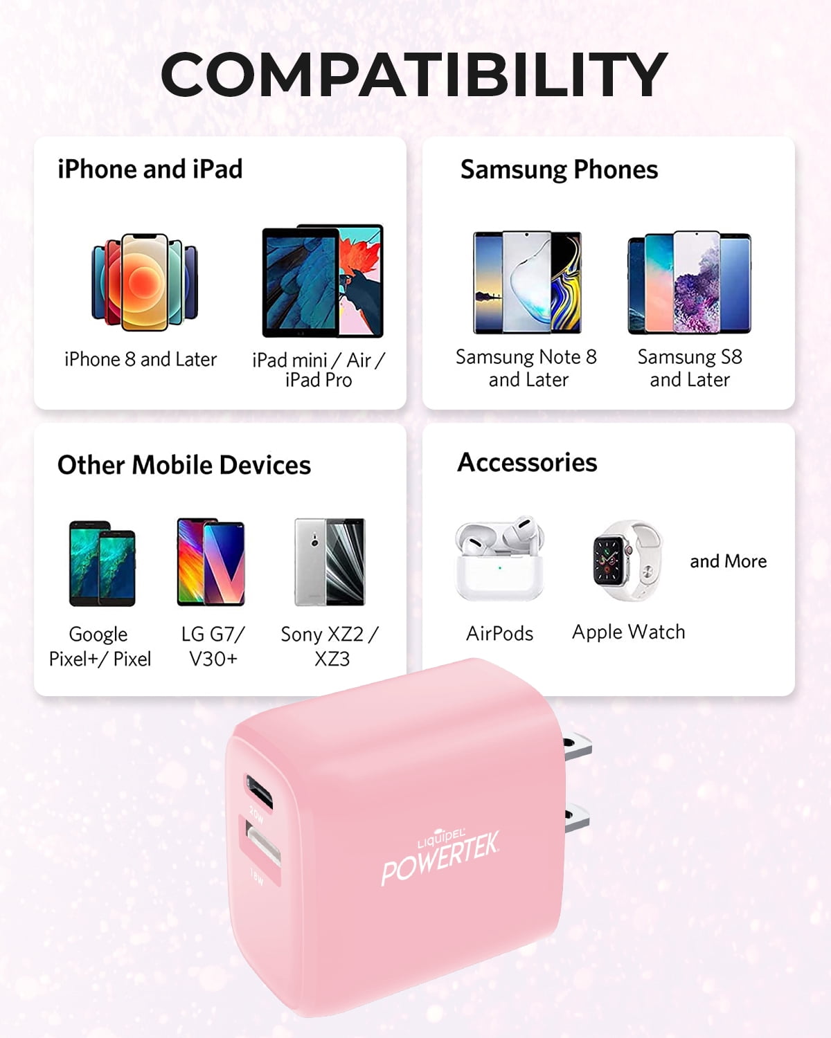 Liquipel Powertek Pastel Type-C Fast Charging Wall Charger 20W PD USB-C with Foldable Plug, for iPhone, iPad, iWatch, Galaxy, Tablet
