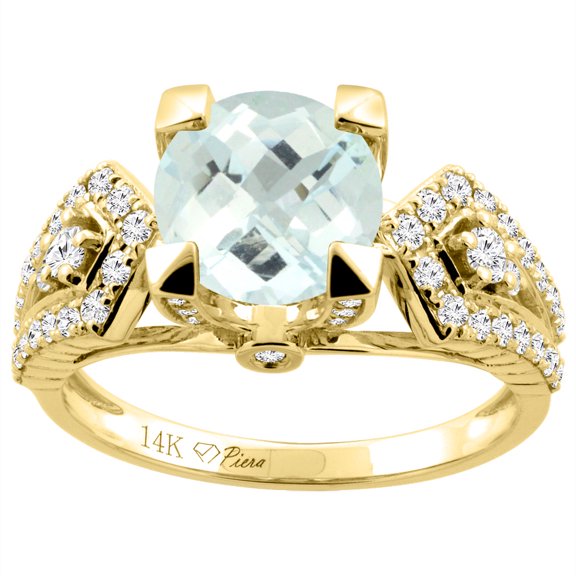14K Yellow Gold Natural Aquamarine Ring Round 7 mm Diamond Accents, size 7