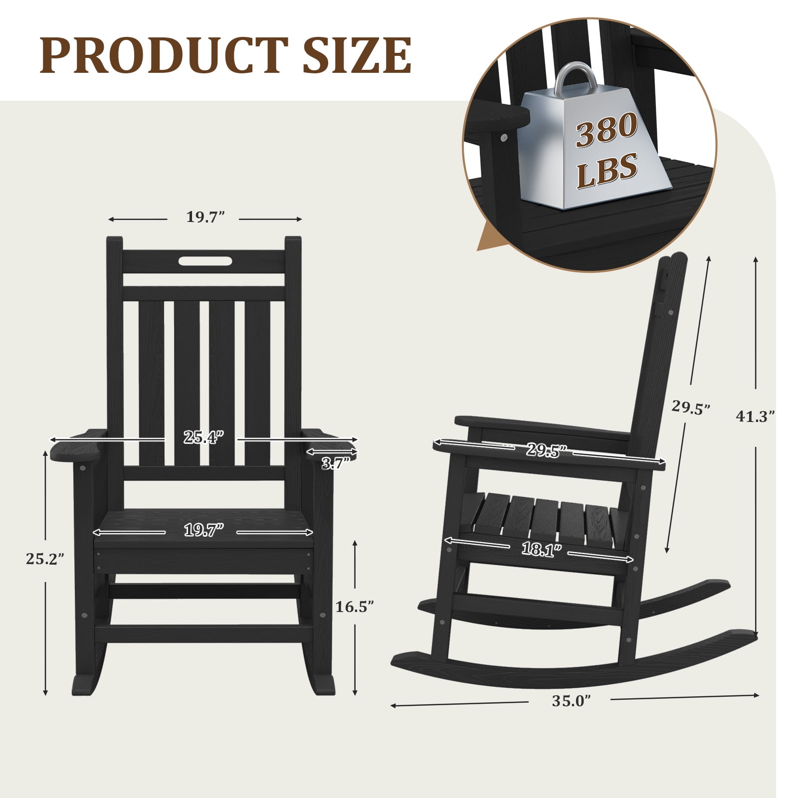 LOYALICE 2PC HDPE Outdoor Rocking Chair for Porch Patio, All-Weather High Back Rocker with Wood-Grain Texture, Heavy-Duty Deck Garden Seating, Fade-Resistant & Easy to Clean,Black