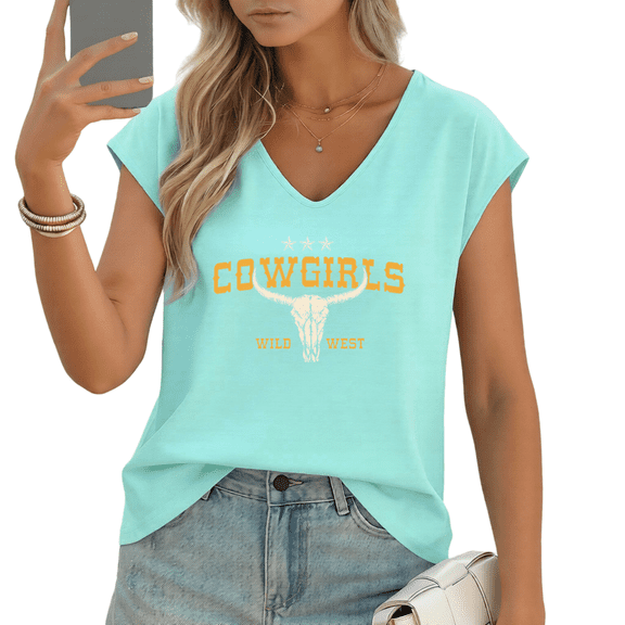 UNISHE Women's Cowgirls Wild West Star Longhorn Bull Skull Western Graphic V Neck Cap Sleeve T-shirt