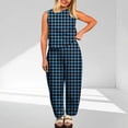 thumbnail image 2 of Ensemble Haut Sans Manches à Col Rond Imprimé à Carreaux et Pantalon Capri Taille Haute pour Femmes, Tenue Décontractée, Bleu Clair, P, 2 of 6