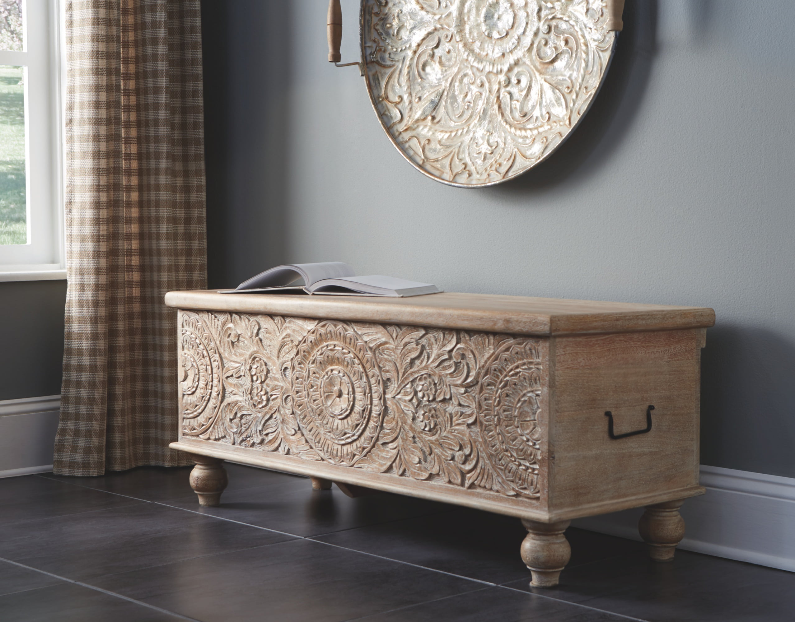 Hand Carved Ashley Furniture Signature Design Antique Beige Finish Solid Wood Hinged Seat Fossil Ridge Storage Bench