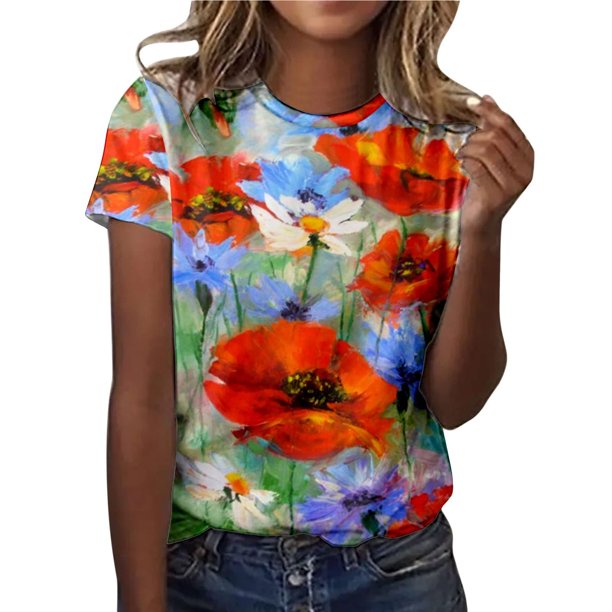 Blusa informal de manga corta con cuello redondo y estampado de verano a la moda para mujer Pompotops hfajkhk134183
