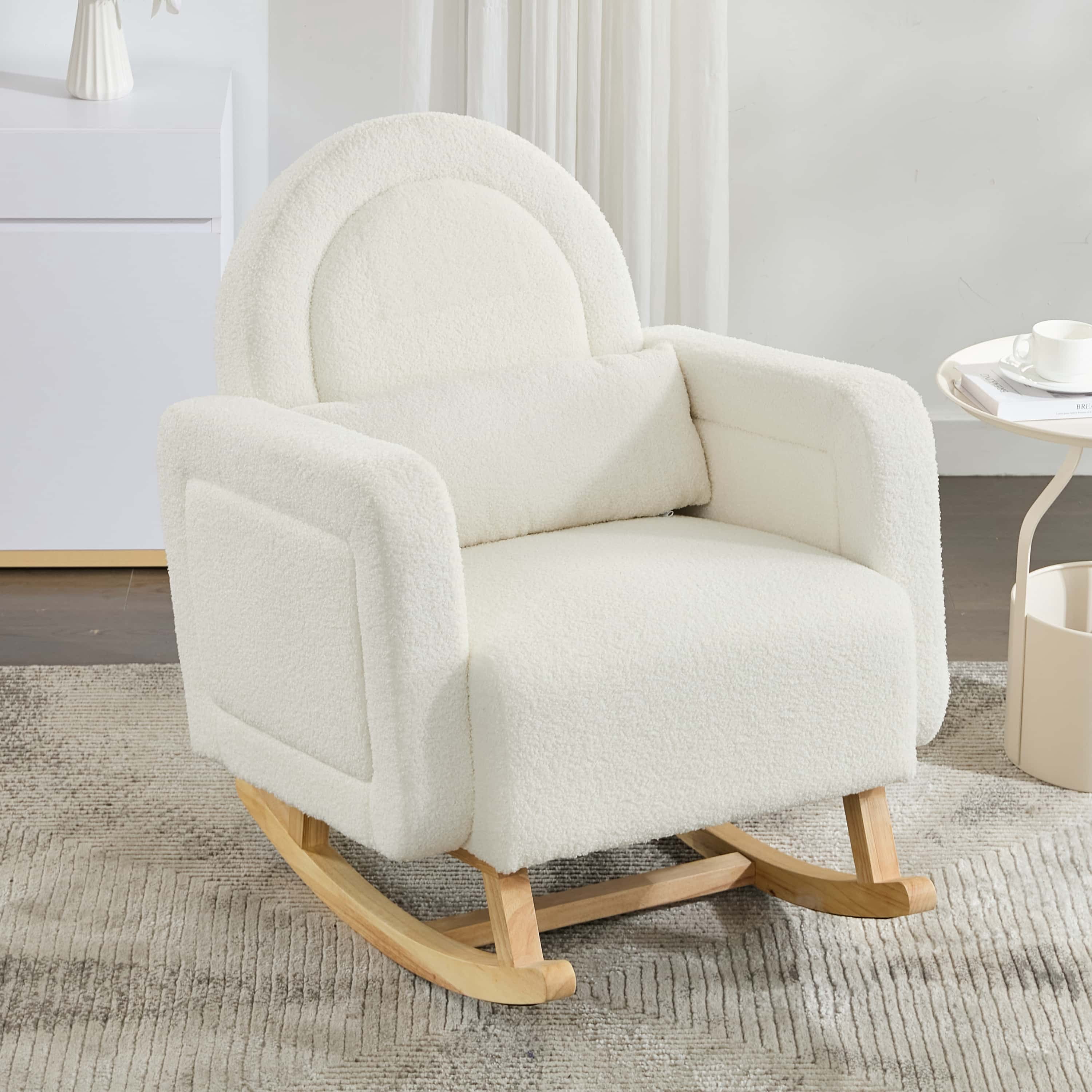 Miniyam Accent Rocking Chair with Curved Back & Pillow, Teddy Velvet, Cream White